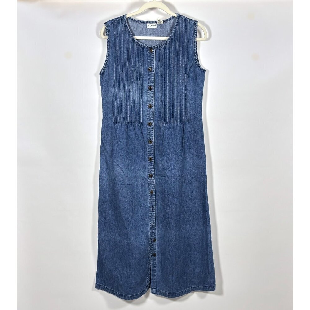 Vintage LL Bean Traveler Denim Midi Maxi Shirt Dress Sleeveless - Size 10